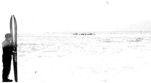 Orde-Lees & skis survey the camp