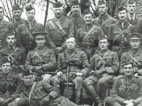 Winston Churchill, center; The Royal Scots Fusiliers at Ploegsteert, 1916